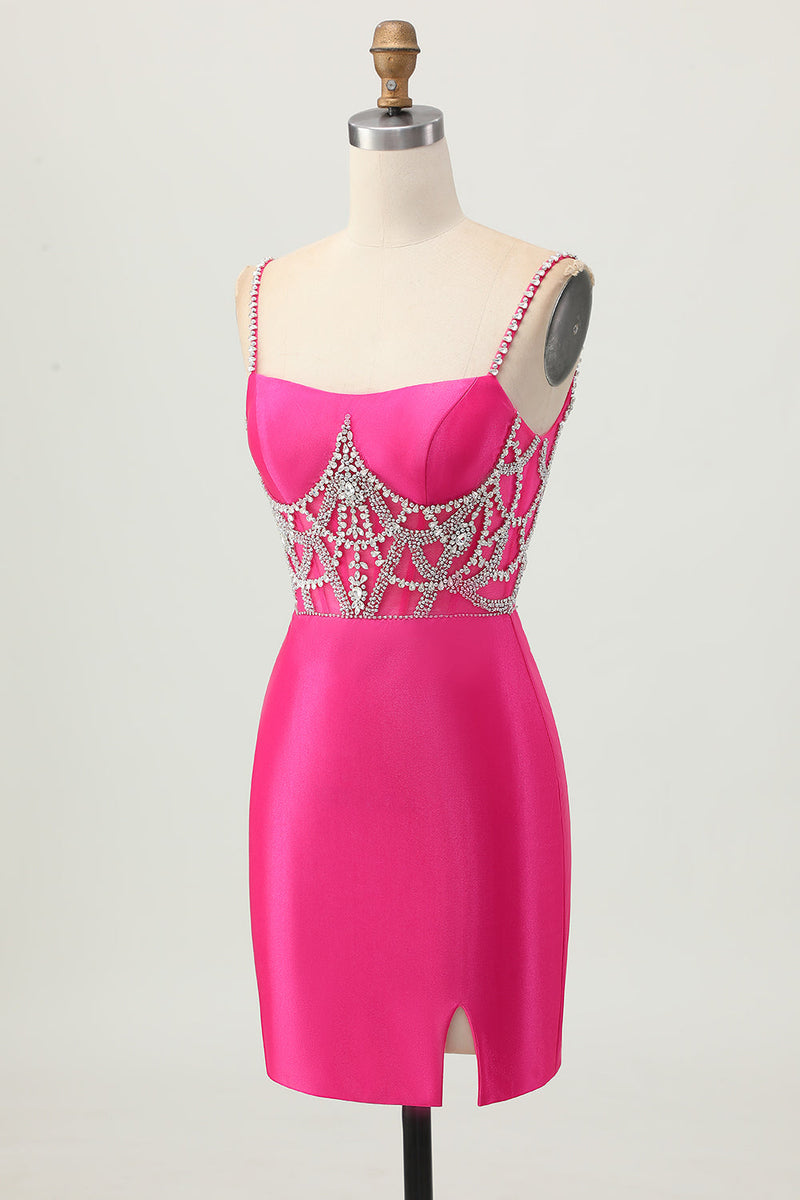 Laden Sie das Bild in den Galerie-Viewer, Fuchsia Bodycon Spaghettiträger Satin Abiballkleid mit Schlitz