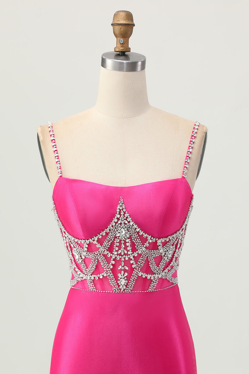 Laden Sie das Bild in den Galerie-Viewer, Fuchsia Bodycon Spaghettiträger Satin Abiballkleid mit Schlitz