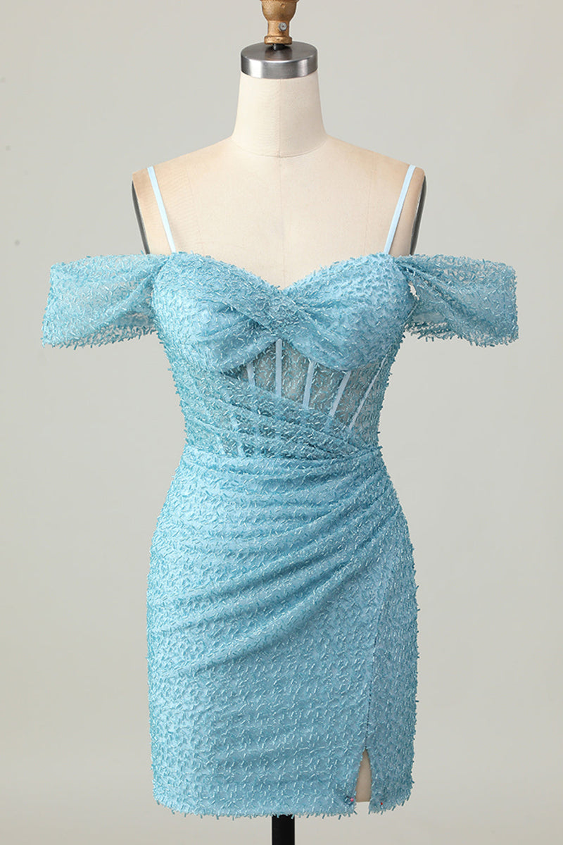 Laden Sie das Bild in den Galerie-Viewer, Blaues Bodycon Kalte Schulter Korsett Kurzes Abiballkleid mit Schlitz