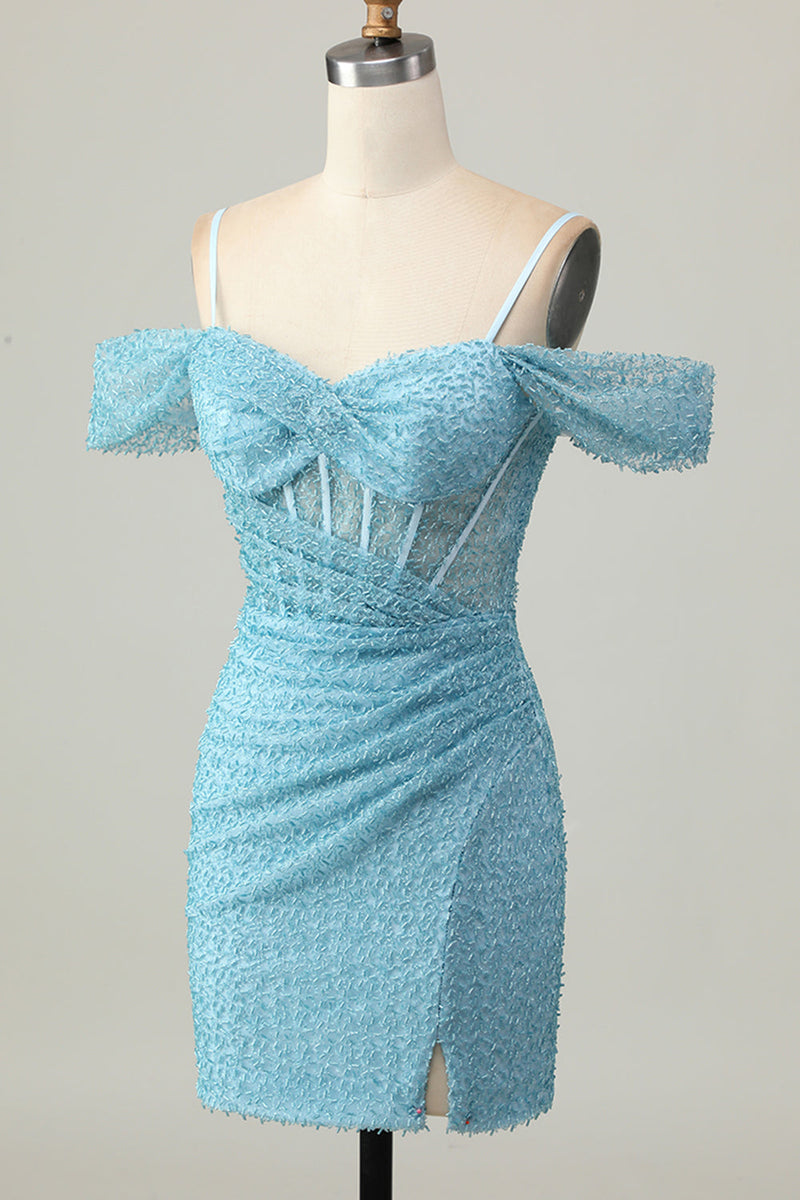 Laden Sie das Bild in den Galerie-Viewer, Blaues Bodycon Kalte Schulter Korsett Kurzes Abiballkleid mit Schlitz