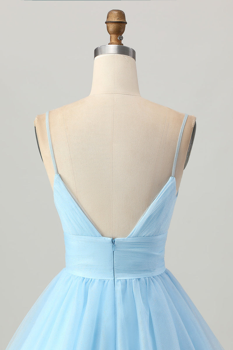 Laden Sie das Bild in den Galerie-Viewer, Himmelblaues A-Linie Kurzes Cocktailkleid mit Spaghettiträgern