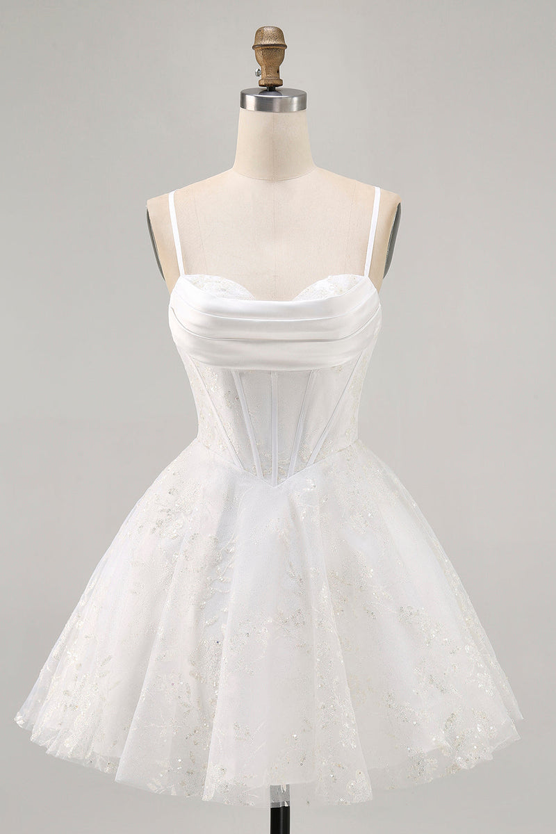 Laden Sie das Bild in den Galerie-Viewer, Weißes A-Linie Korsett Spaghettiträger Satin Standesamtkleid mit Applikationen