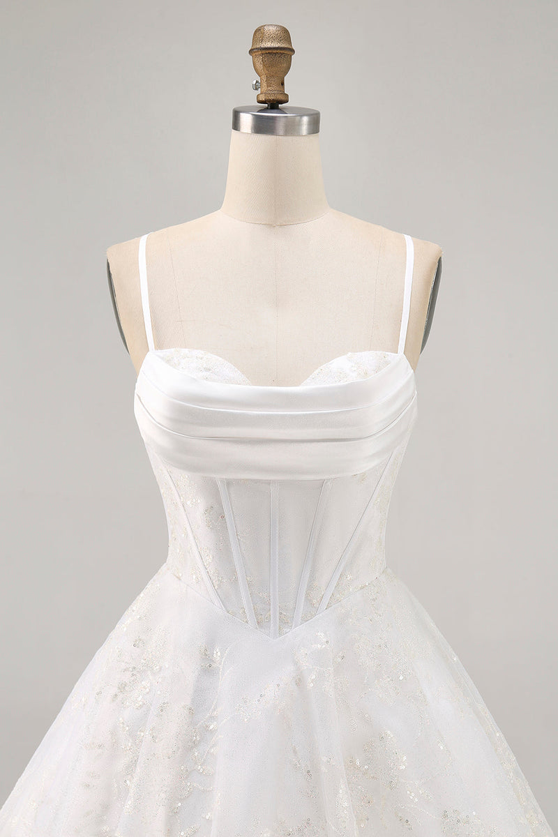 Laden Sie das Bild in den Galerie-Viewer, Weißes A-Linie Korsett Spaghettiträger Satin Standesamtkleid mit Applikationen