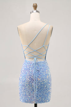 Glitzerndes Blaues Kurzes Abiballkleid mit Schlitz in Blau