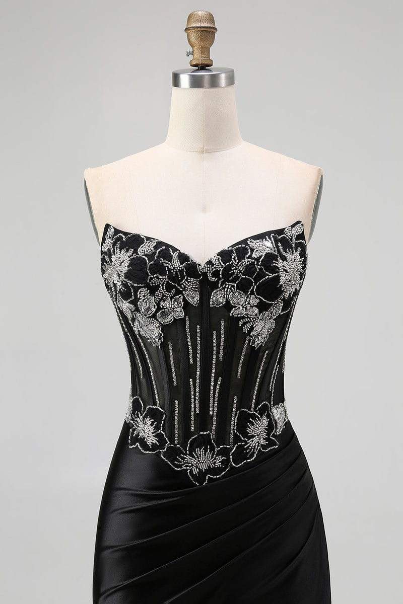 Laden Sie das Bild in den Galerie-Viewer, Schwarzes Trägerloses Meerjungfrauen Korsett Langes Ballkleid mit Schnürung