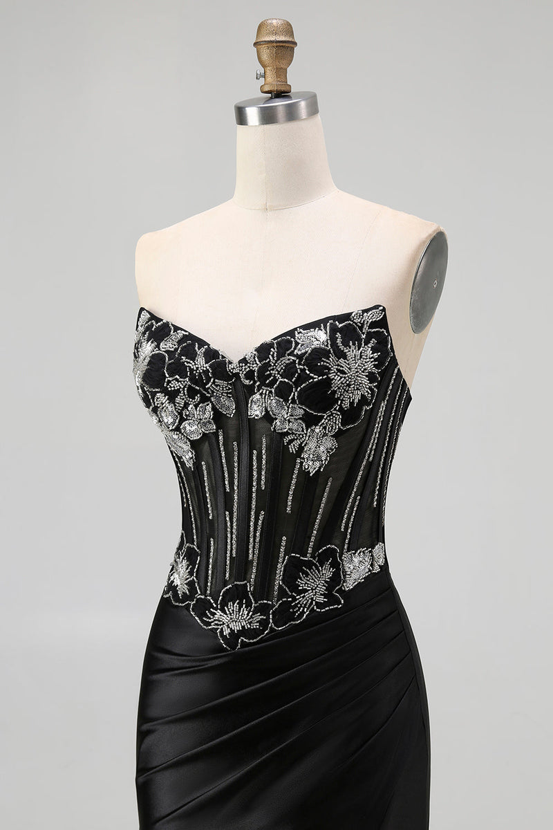 Laden Sie das Bild in den Galerie-Viewer, Schwarzes Trägerloses Meerjungfrauen Korsett Langes Ballkleid mit Schnürung