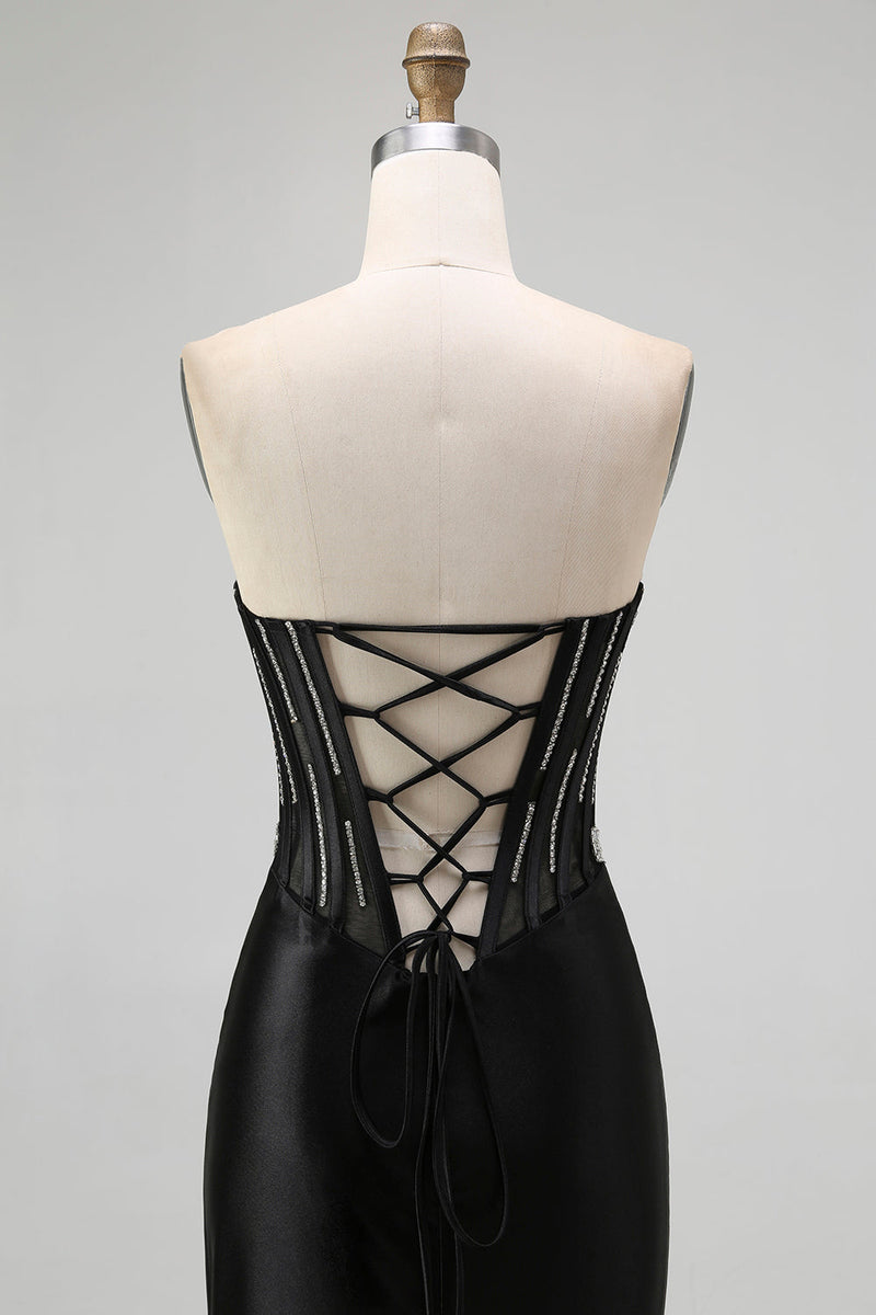 Laden Sie das Bild in den Galerie-Viewer, Schwarzes Trägerloses Meerjungfrauen Korsett Langes Ballkleid mit Schnürung