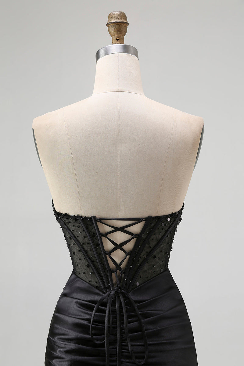 Laden Sie das Bild in den Galerie-Viewer, Trägerloses Pailletten Schwarzes Korsett Meerjungfrau Ballkleid