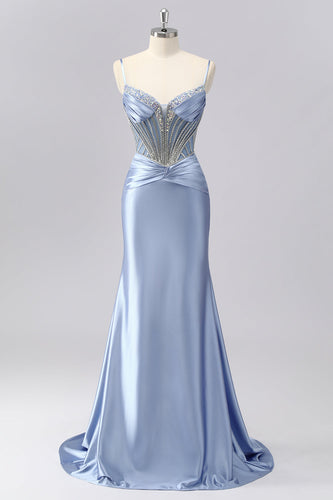 Glitzerndes Grau-blaues Spaghettiträger Meerjungfrauen Satin Ballkleid mit Strasssteinen