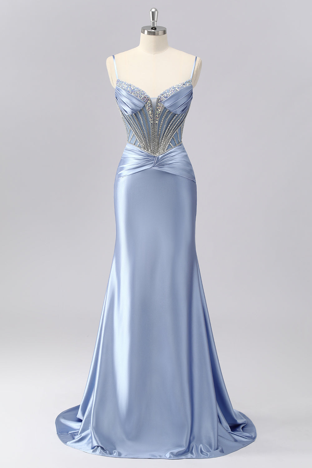 Glitzerndes Grau-blaues Spaghettiträger Meerjungfrauen Satin Ballkleid mit Strasssteinen