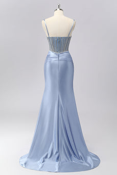 Glitzerndes Grau-blaues Spaghettiträger Meerjungfrauen Satin Ballkleid mit Strasssteinen