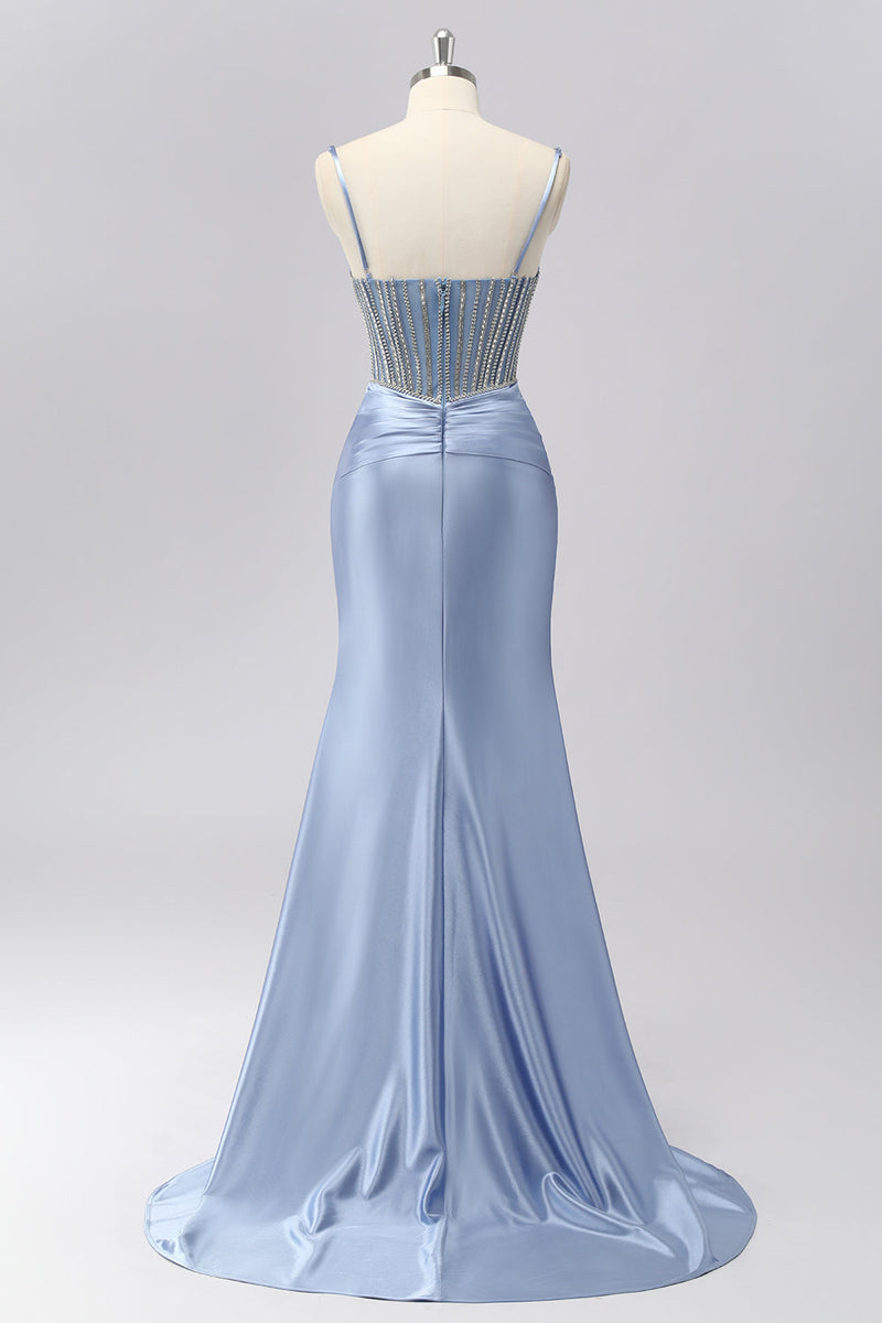 Laden Sie das Bild in den Galerie-Viewer, Glitzerndes Grau-blaues Spaghettiträger Meerjungfrauen Satin Ballkleid mit Strasssteinen
