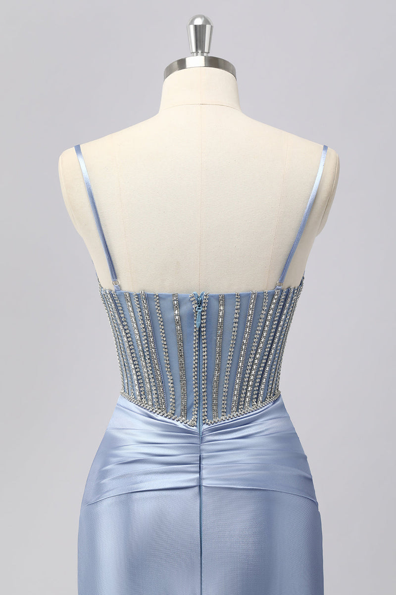 Laden Sie das Bild in den Galerie-Viewer, Glitzerndes Grau-blaues Spaghettiträger Meerjungfrauen Satin Ballkleid mit Strasssteinen