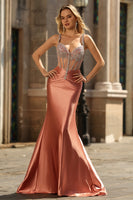 Laden Sie das Bild in den Galerie-Viewer, Meerjungfrau Spaghettiträger Korsett Blush Langes Ballkleid mit Strasssteinen