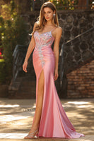 Laden Sie das Bild in den Galerie-Viewer, Meerjungfrauen Korsett Blush Pailletten Langes Satin Ballkleid mit Schlitz