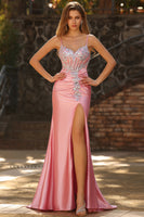 Laden Sie das Bild in den Galerie-Viewer, Meerjungfrauen Korsett Blush Pailletten Langes Satin Ballkleid mit Schlitz