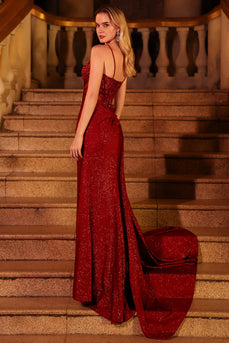 Glitzerndes Burgunderrotes Meerjungfrauen Korsett Pailletten Langes Ballkleid mit Perlen