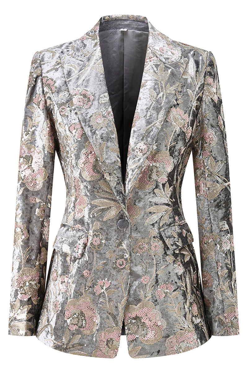 Laden Sie das Bild in den Galerie-Viewer, 2-teilige Glitzernde Graue Anzüge mit Spitzrevers für Damen