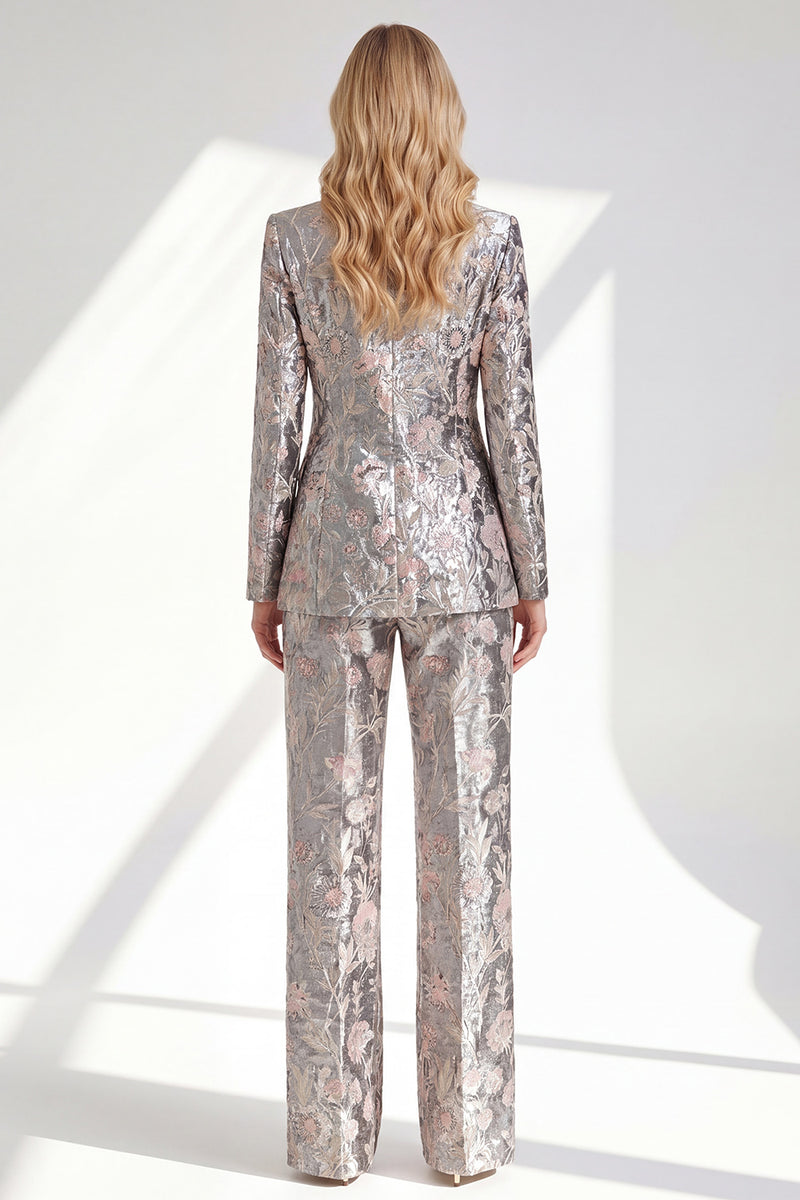 Laden Sie das Bild in den Galerie-Viewer, 2-teilige Glitzernde Graue Anzüge mit Spitzrevers für Damen