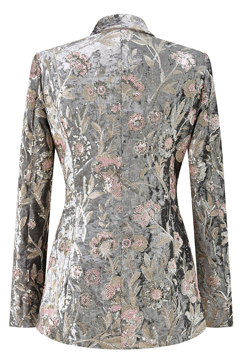 Laden Sie das Bild in den Galerie-Viewer, 2-teilige Glitzernde Graue Anzüge mit Spitzrevers für Damen