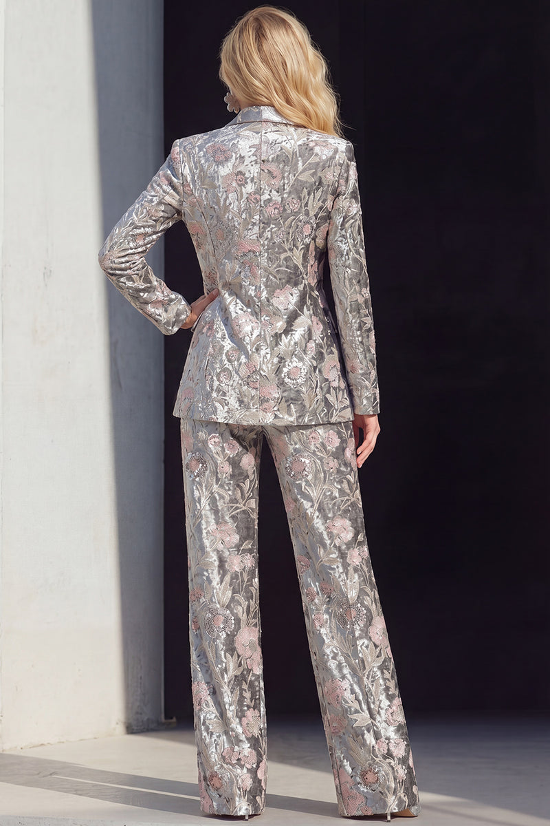Laden Sie das Bild in den Galerie-Viewer, 2-teilige Glitzernde Graue Anzüge mit Spitzrevers für Damen