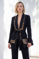 Laden Sie das Bild in den Galerie-Viewer, Schwarze Slim Fit 2-teilige Damenanzüge mit Leopardenmuster