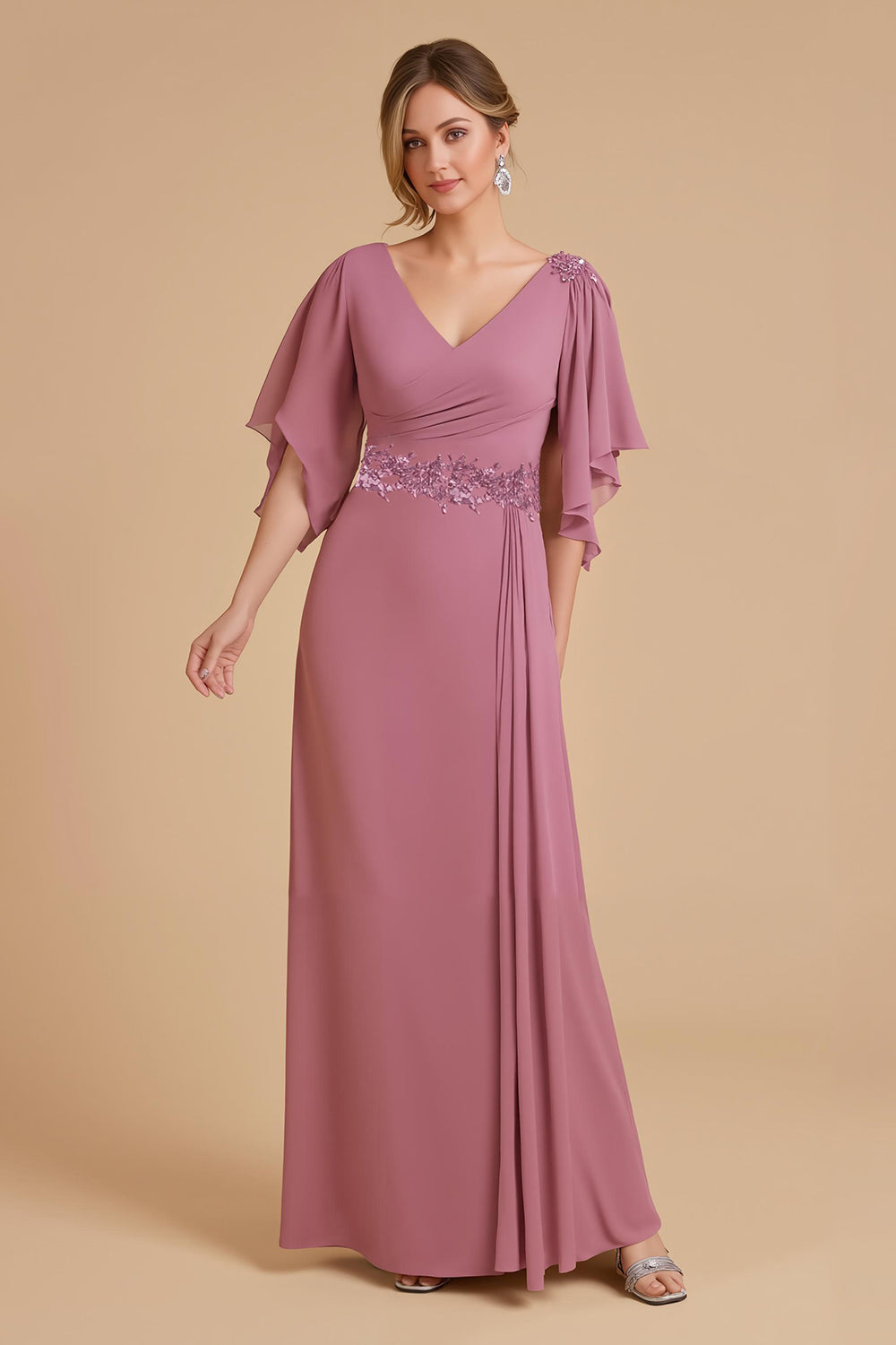 Dusty Rose A Linie Chiffon Hochzeitsgastkleid mit Flatterärmeln und Applikationen
