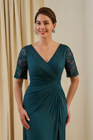 Laden Sie das Bild in den Galerie-Viewer, Kiefer Etui V-Ausschnitt Gerafftes Midi Hochzeitsgastkleid mit Spitze