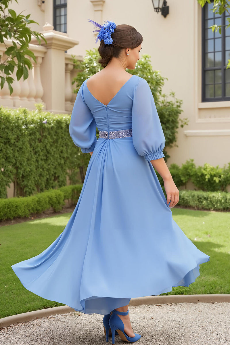 Laden Sie das Bild in den Galerie-Viewer, Staubblaues A-Linie Chiffon Hochzeitsgastkleid mit 3/4 Ärmeln und Perlen