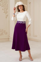 Laden Sie das Bild in den Galerie-Viewer, Marineblaues A-Linie Midi Kleid für Hochzeitsgäste mit 3/4-Ärmeln und Bateau-Ausschnitt und Applikationen