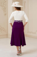 Laden Sie das Bild in den Galerie-Viewer, Marineblaues A-Linie Midi Kleid für Hochzeitsgäste mit 3/4-Ärmeln und Bateau-Ausschnitt und Applikationen