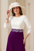 Laden Sie das Bild in den Galerie-Viewer, Marineblaues A-Linie Midi Kleid für Hochzeitsgäste mit 3/4-Ärmeln und Bateau-Ausschnitt und Applikationen