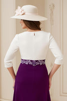 Laden Sie das Bild in den Galerie-Viewer, Marineblaues A-Linie Midi Kleid für Hochzeitsgäste mit 3/4-Ärmeln und Bateau-Ausschnitt und Applikationen