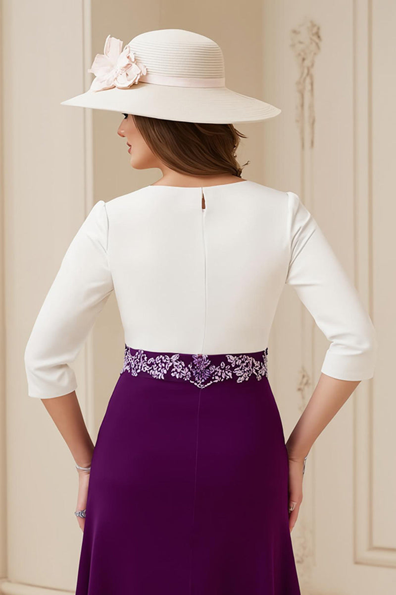 Laden Sie das Bild in den Galerie-Viewer, Marineblaues A-Linie Midi Kleid für Hochzeitsgäste mit 3/4-Ärmeln und Bateau-Ausschnitt und Applikationen