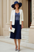 Laden Sie das Bild in den Galerie-Viewer, Marineblaues Herzausschnitt A Linie 2-teiliges Midi Hochzeitsgastkleid mit Spitze