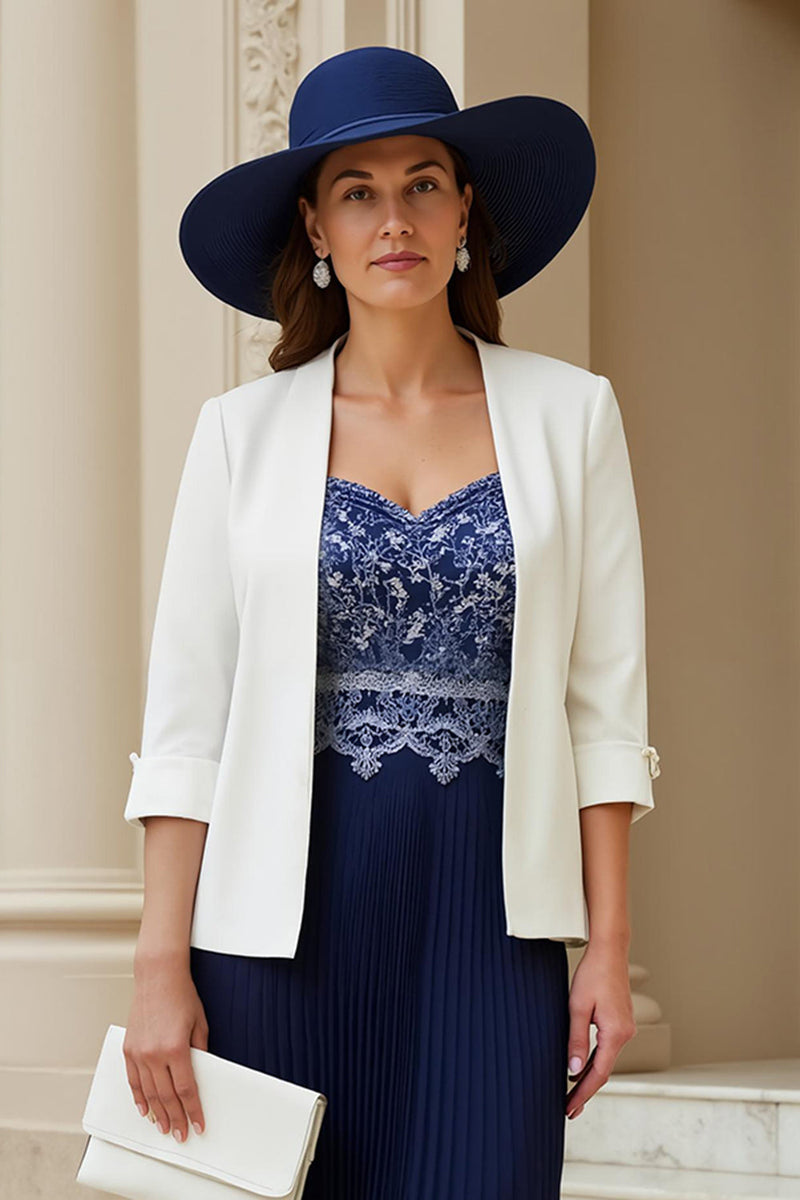 Laden Sie das Bild in den Galerie-Viewer, Marineblaues Herzausschnitt A Linie 2-teiliges Midi Hochzeitsgastkleid mit Spitze