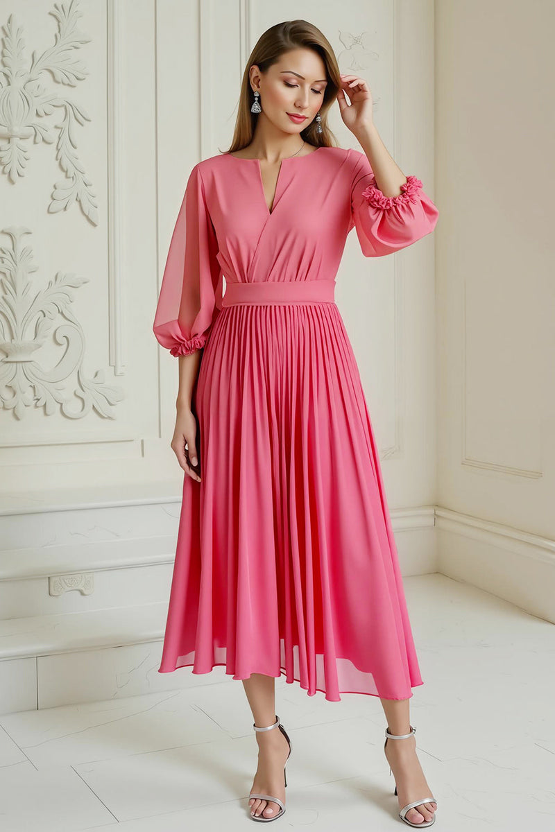 Laden Sie das Bild in den Galerie-Viewer, Hot Pink A Linie Plissee Chiffon Hochzeitsgastkleid