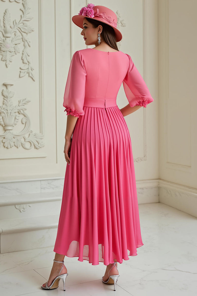 Laden Sie das Bild in den Galerie-Viewer, Hot Pink A Linie Plissee Chiffon Hochzeitsgastkleid
