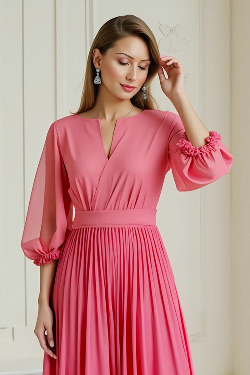 Laden Sie das Bild in den Galerie-Viewer, Hot Pink A Linie Plissee Chiffon Hochzeitsgastkleid