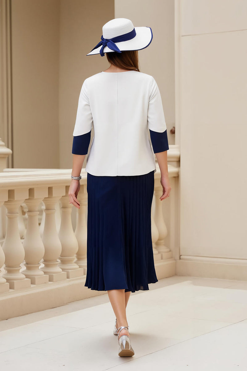 Laden Sie das Bild in den Galerie-Viewer, Marineblaues 2-teiliges A-Linie Kleid für Hochzeitsgäste aus Stretch-Satin