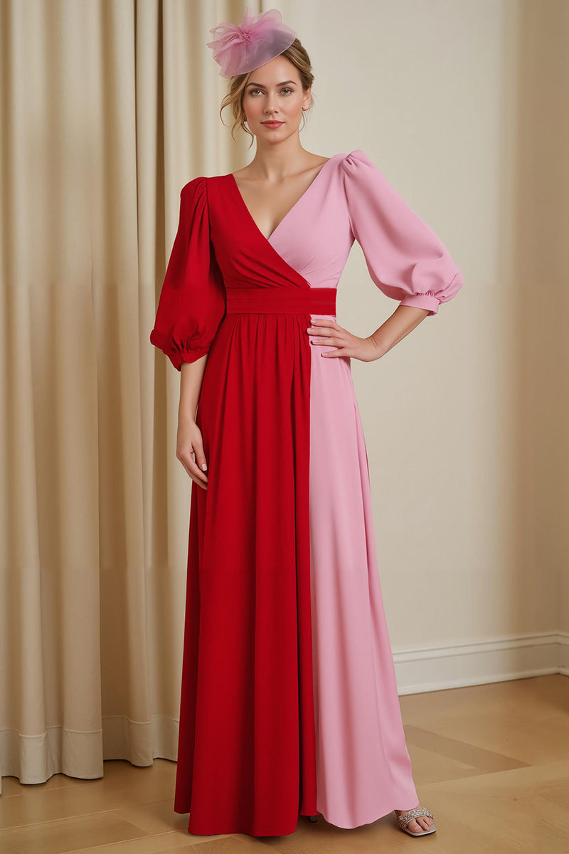 Laden Sie das Bild in den Galerie-Viewer, Rotes A-Linie Chiffon Brautmutterkleid für Hochzeitsgäste mit V-Ausschnitt
