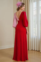 Laden Sie das Bild in den Galerie-Viewer, Rotes A-Linie Chiffon Brautmutterkleid für Hochzeitsgäste mit V-Ausschnitt