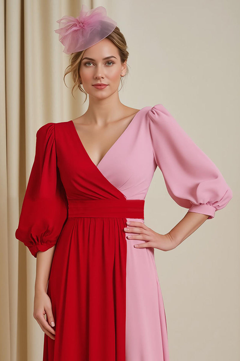 Laden Sie das Bild in den Galerie-Viewer, Rotes A-Linie Chiffon Brautmutterkleid für Hochzeitsgäste mit V-Ausschnitt