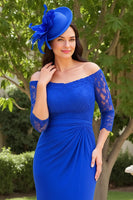 Laden Sie das Bild in den Galerie-Viewer, Königsblaues Schulterfreies Etui Brautmutterkleid aus Spitze mit Rüschen