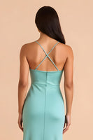 Laden Sie das Bild in den Galerie-Viewer, Mintgrünes Satin Spaghettiträger Etui Langes Brautjungfernkleid