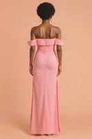 Laden Sie das Bild in den Galerie-Viewer, Rosa Etui Schulterfreies Langes Brautjungfernkleid mit Schlitz