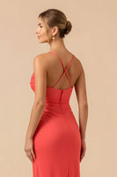 Laden Sie das Bild in den Galerie-Viewer, Burgunderrotes Etui Sapghettiträgern Langes Brautjungfernkleid mit Schlitz