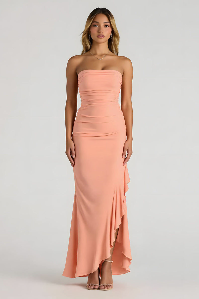 Laden Sie das Bild in den Galerie-Viewer, Sunset Mermaid Trägerloses Maxi Brautjungfernkleid mit Rüschen