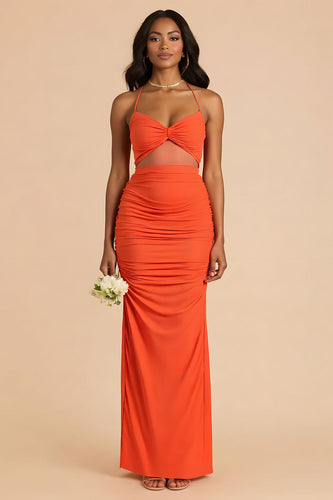 Orange Maxi Gerafftes Brautjungfernkleid mit Spaghettiträgern