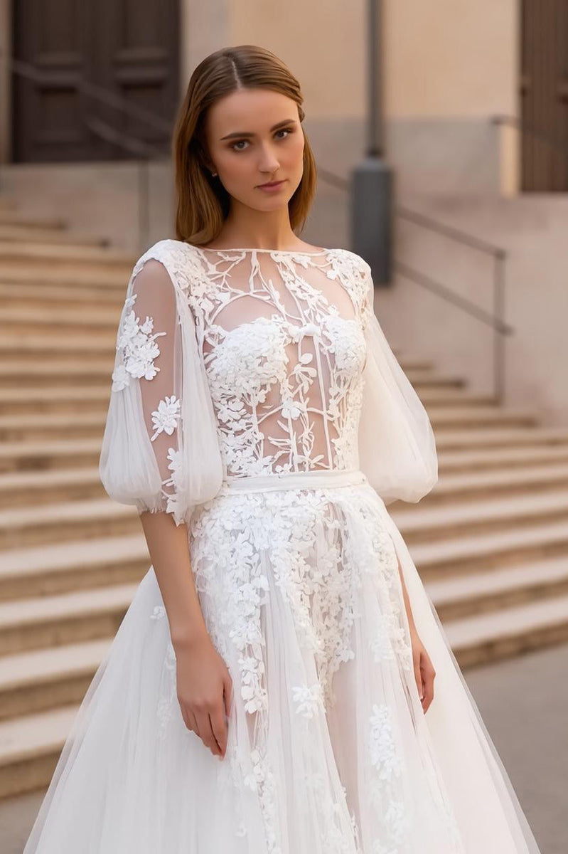 Laden Sie das Bild in den Galerie-Viewer, Elfenbein Appliziertes A Linie Sweep Schleppe Blumen Brautkleid mit Ärmeln